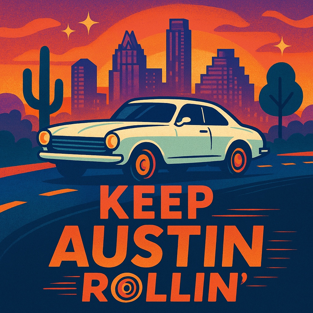 Keep Austin Rollin logo: a vintage car beneath the Austin skyline at sunset